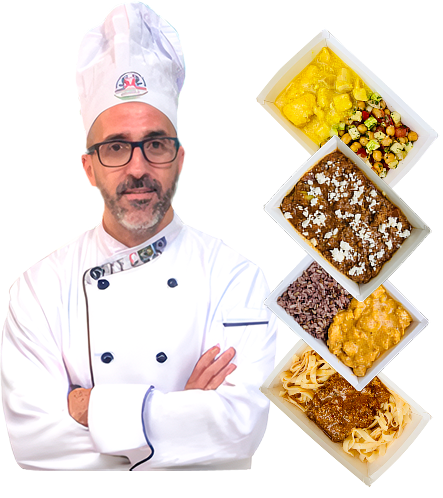 Chefe ao lado das marmitas fit